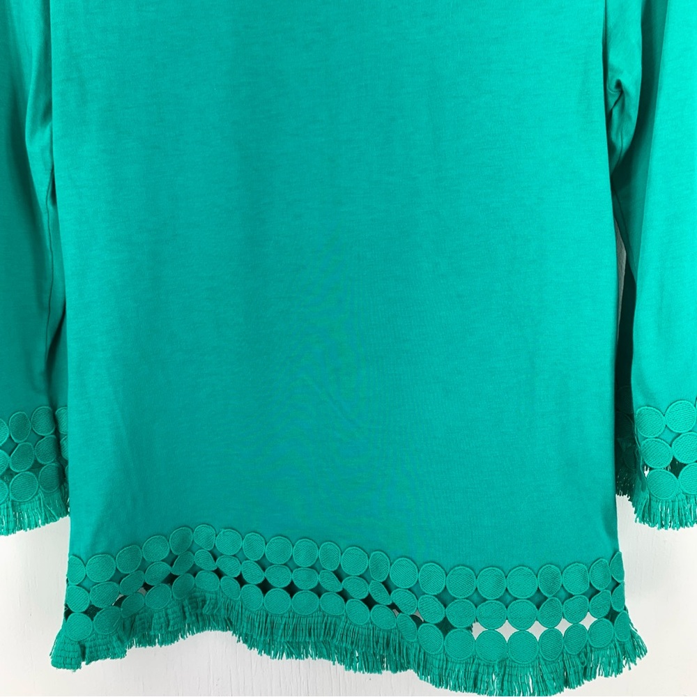 Talbots XS Tunic Top Boat Neck Green Pima Cotton Embroidered Medallion Fringe - Picture 9 of 12